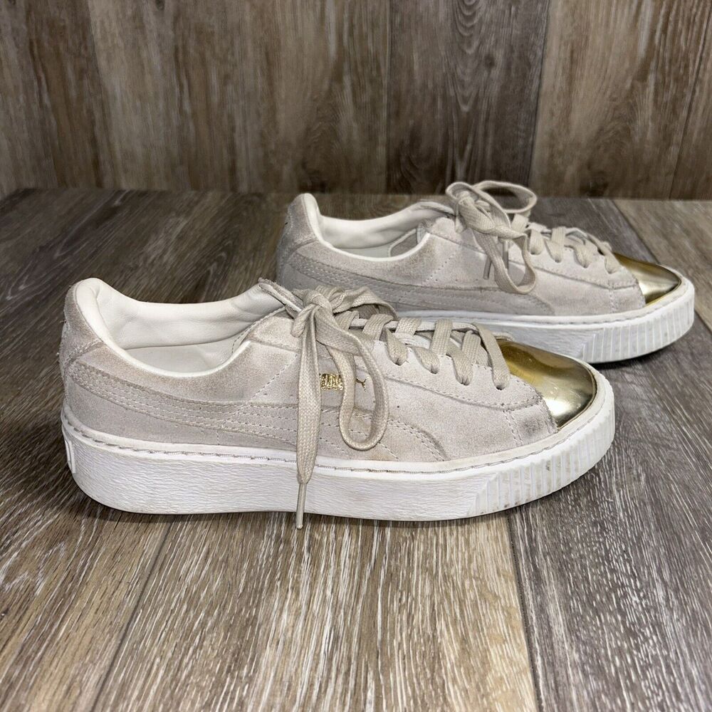 Puma Suede Platform Gold Toe Tan Beige Womens US Size 7 362222 01 Sneaker Shoes